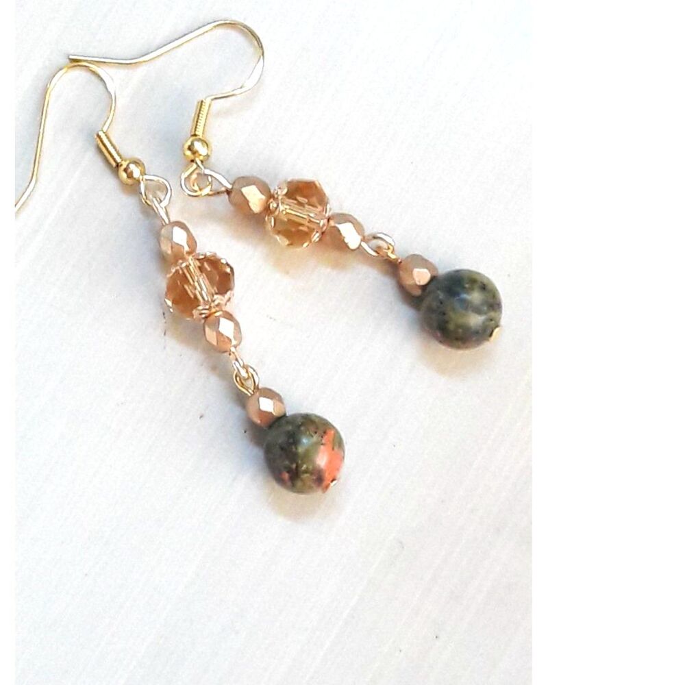 Yellow Unakite Gold plated Hooks Hidden Meaning earrings Natural Elements,  338■